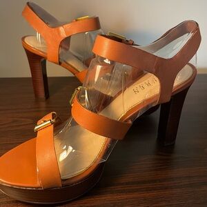 Ralph Lauren Leather Sadie Platform Sandals, Polo Tan size 9B